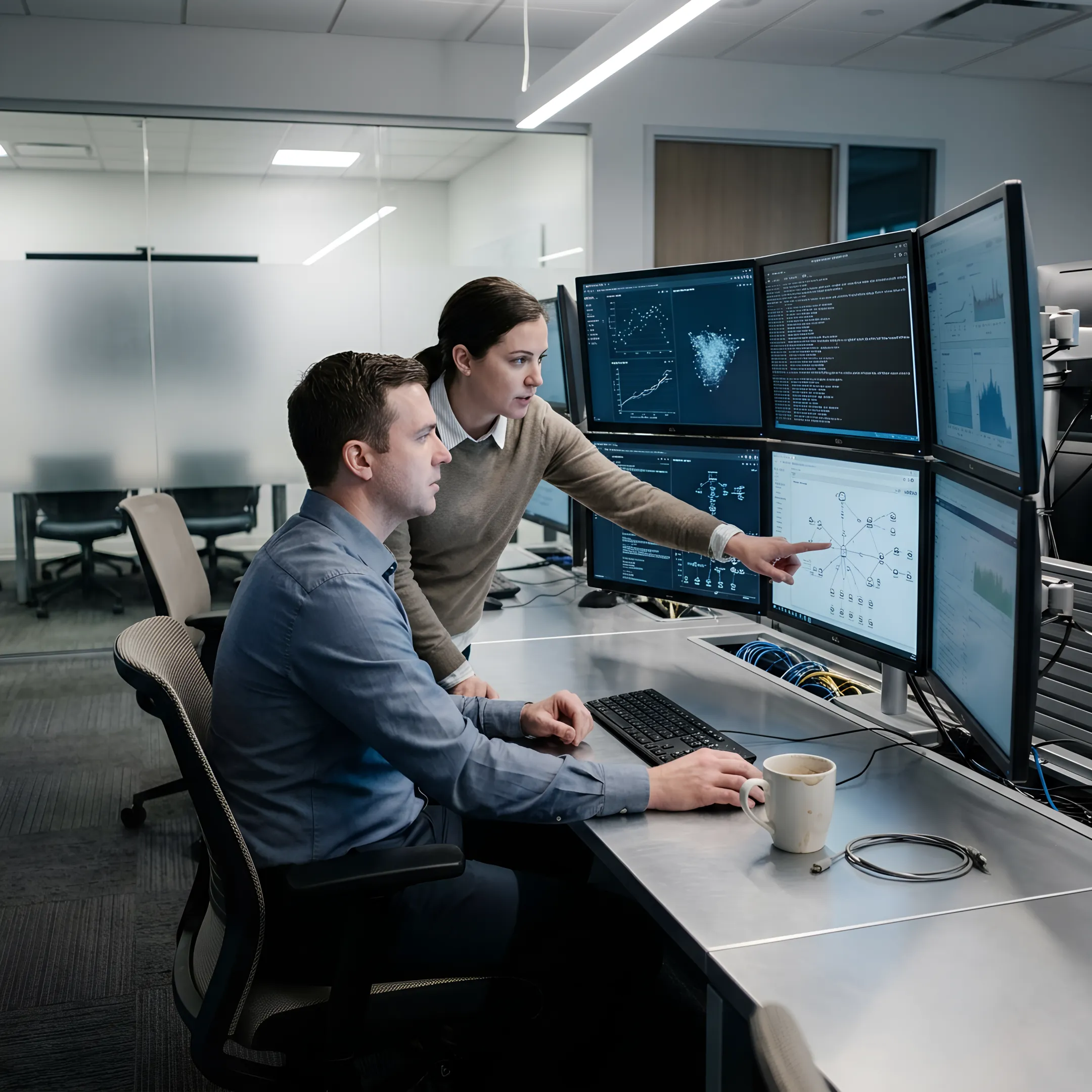IT security engineers analyzing cybersecurity analytics and server defense protocols
