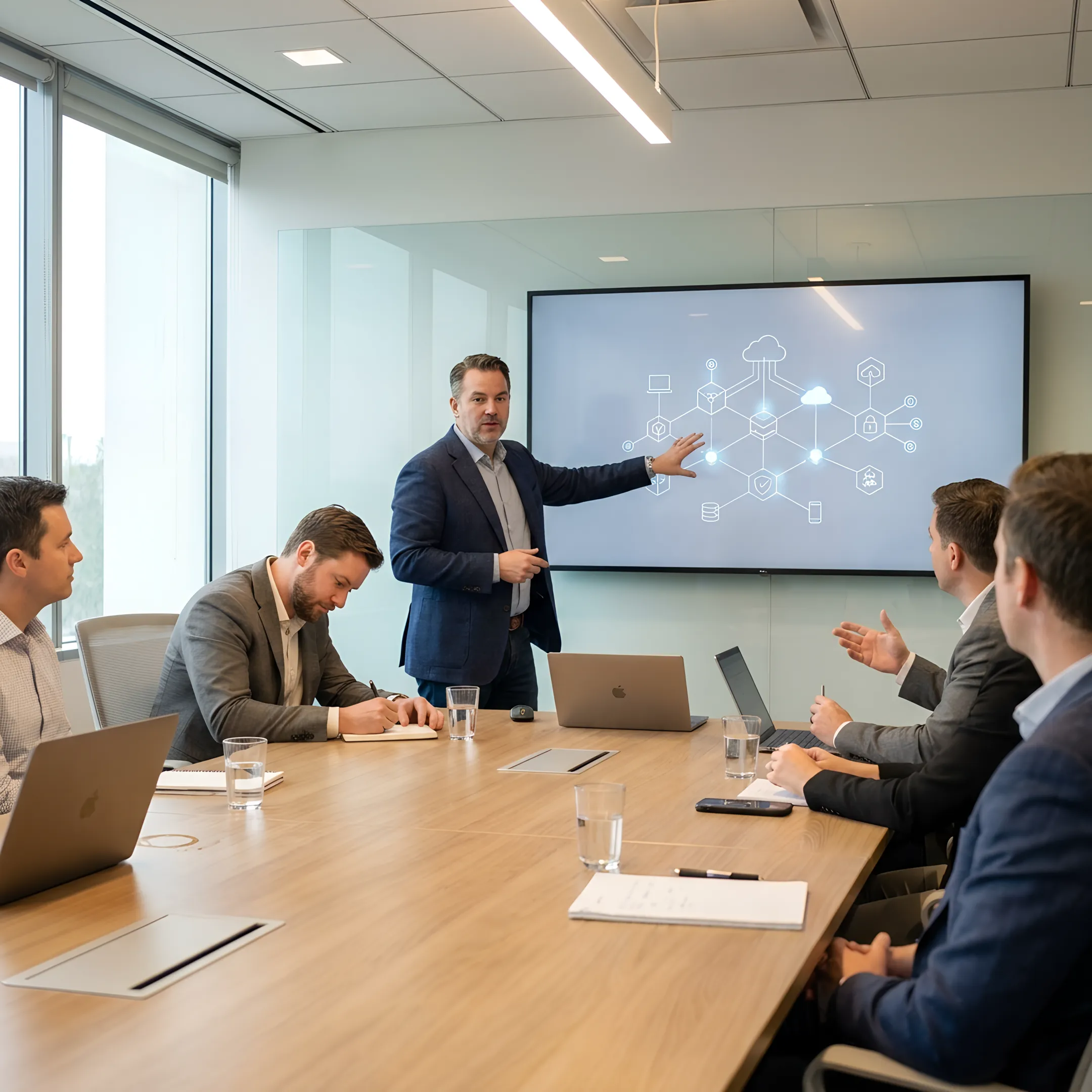 Managed IT consultant reviewing network infrastructure and cybersecurity plans on a digital tablet