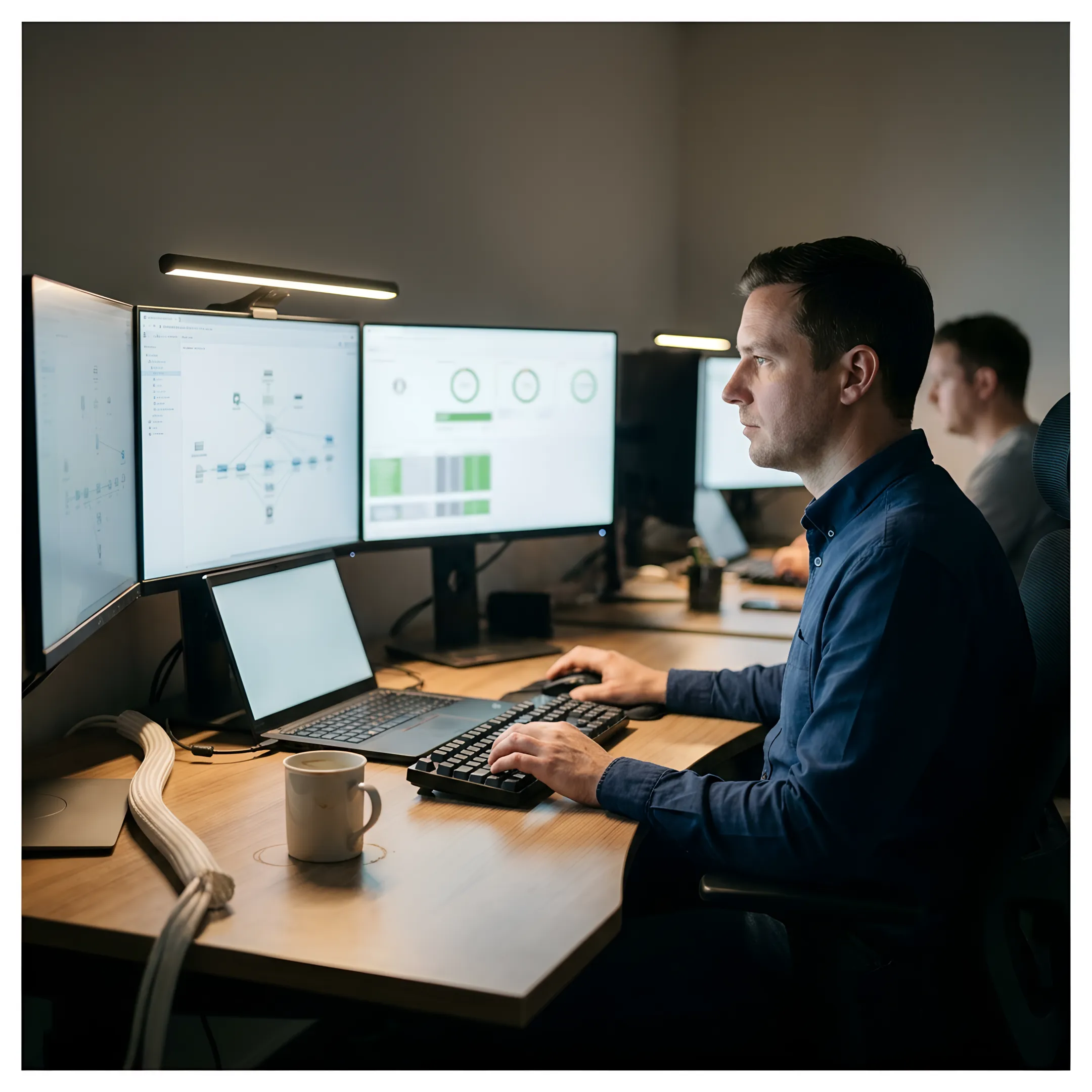 Technician managing secure business IT infrastructure
