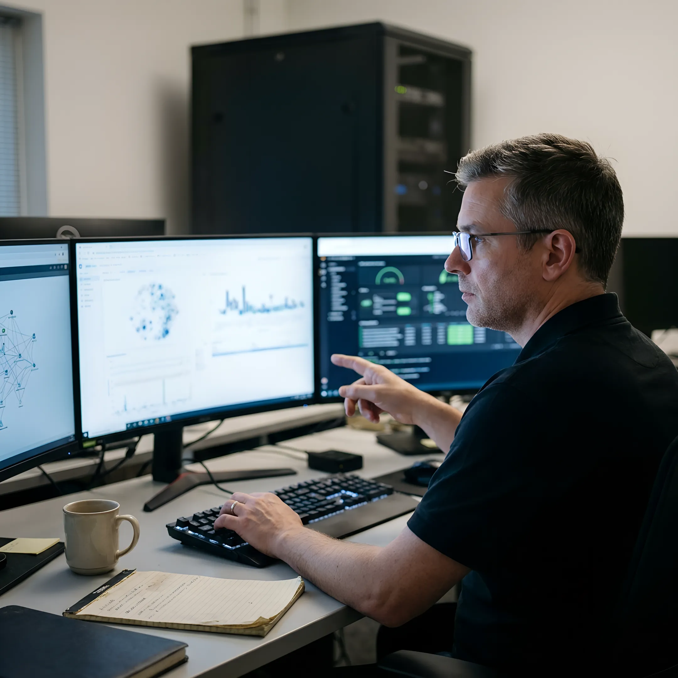 Managed IT professional reviewing secure cloud and network performance dashboards
