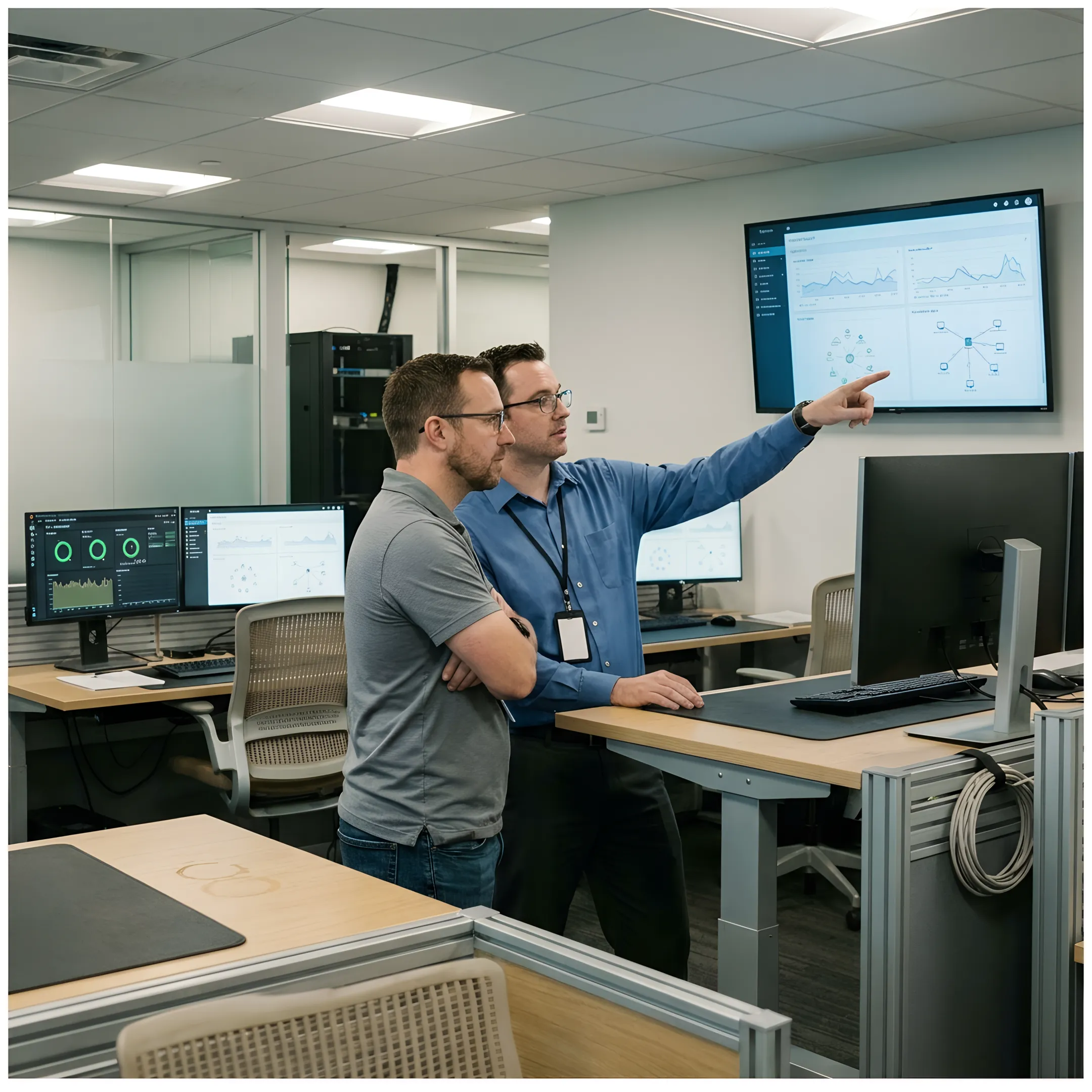 IT engineers reviewing cloud infrastructure workflow and system health metrics