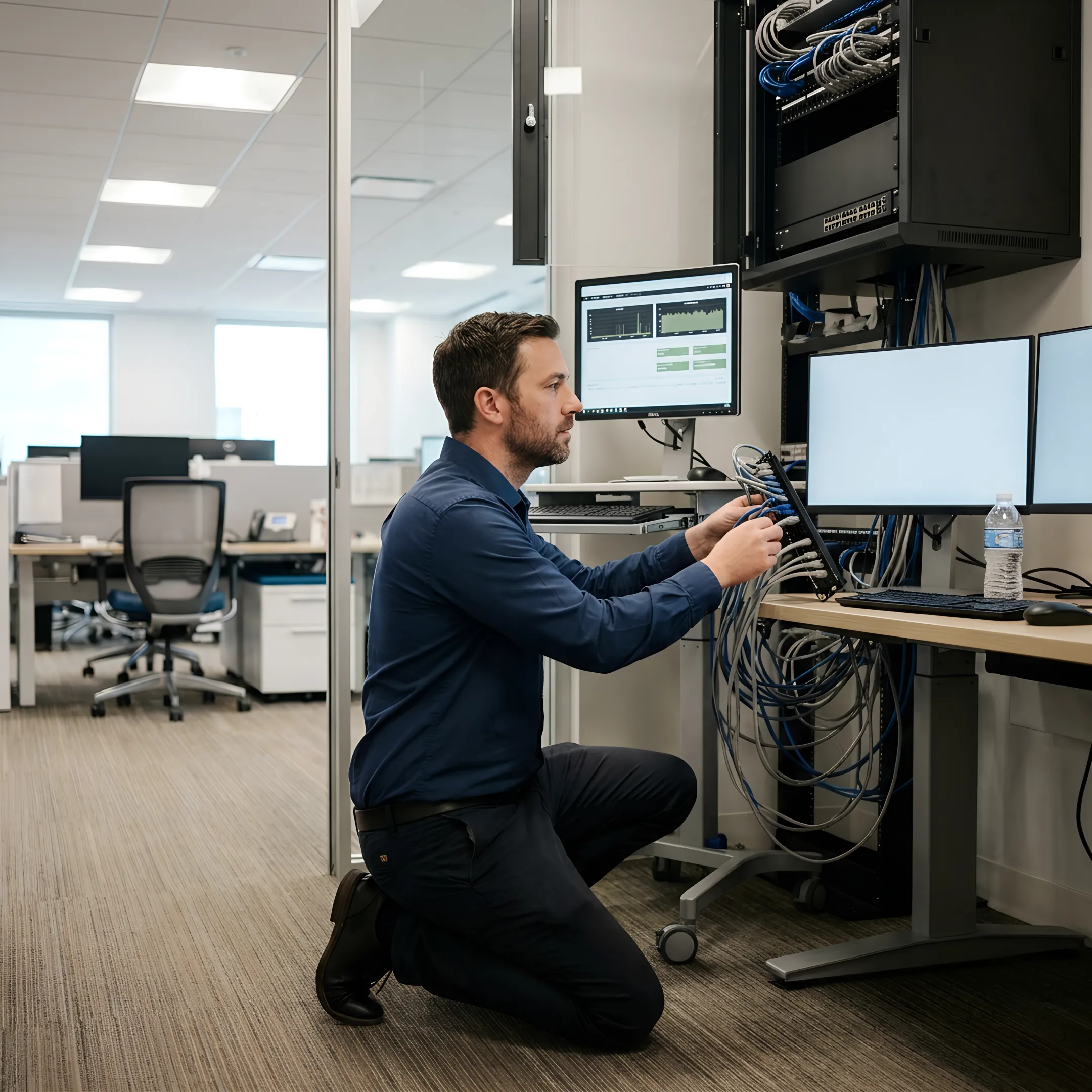 Specialist providing hands-on IT support to a workstation in a corporate office