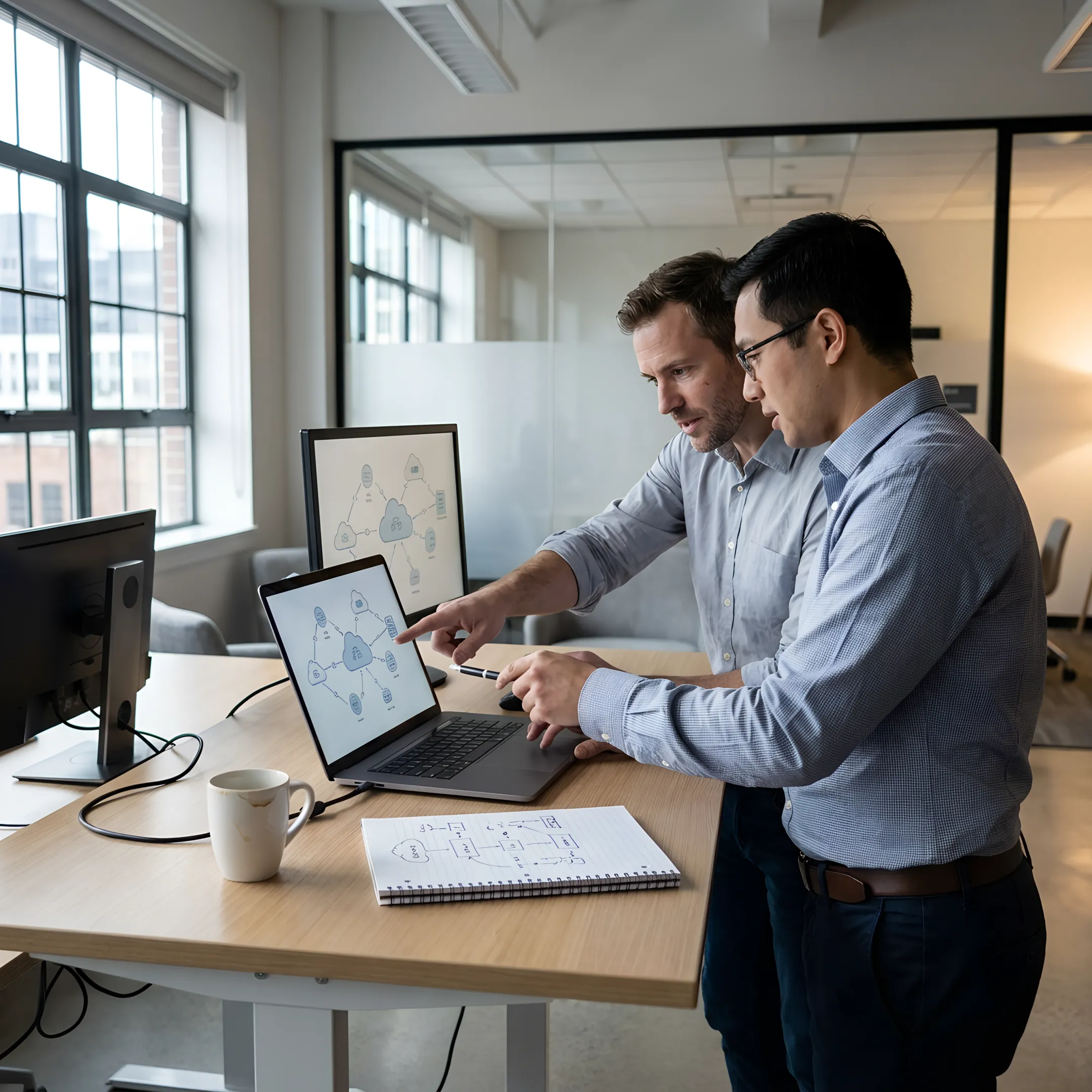 Engineers collaborating on enterprise cloud infrastructure in modern office