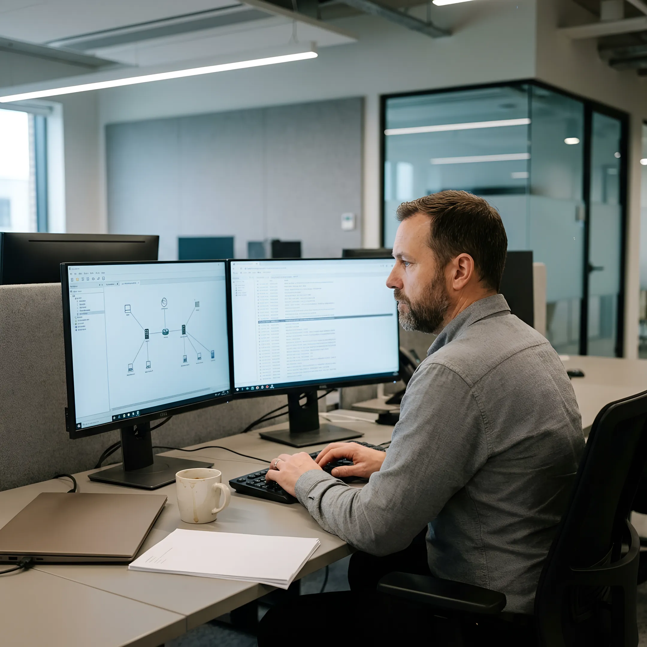 Cybersecurity engineer analyzing encrypted network traffic on dual monitors