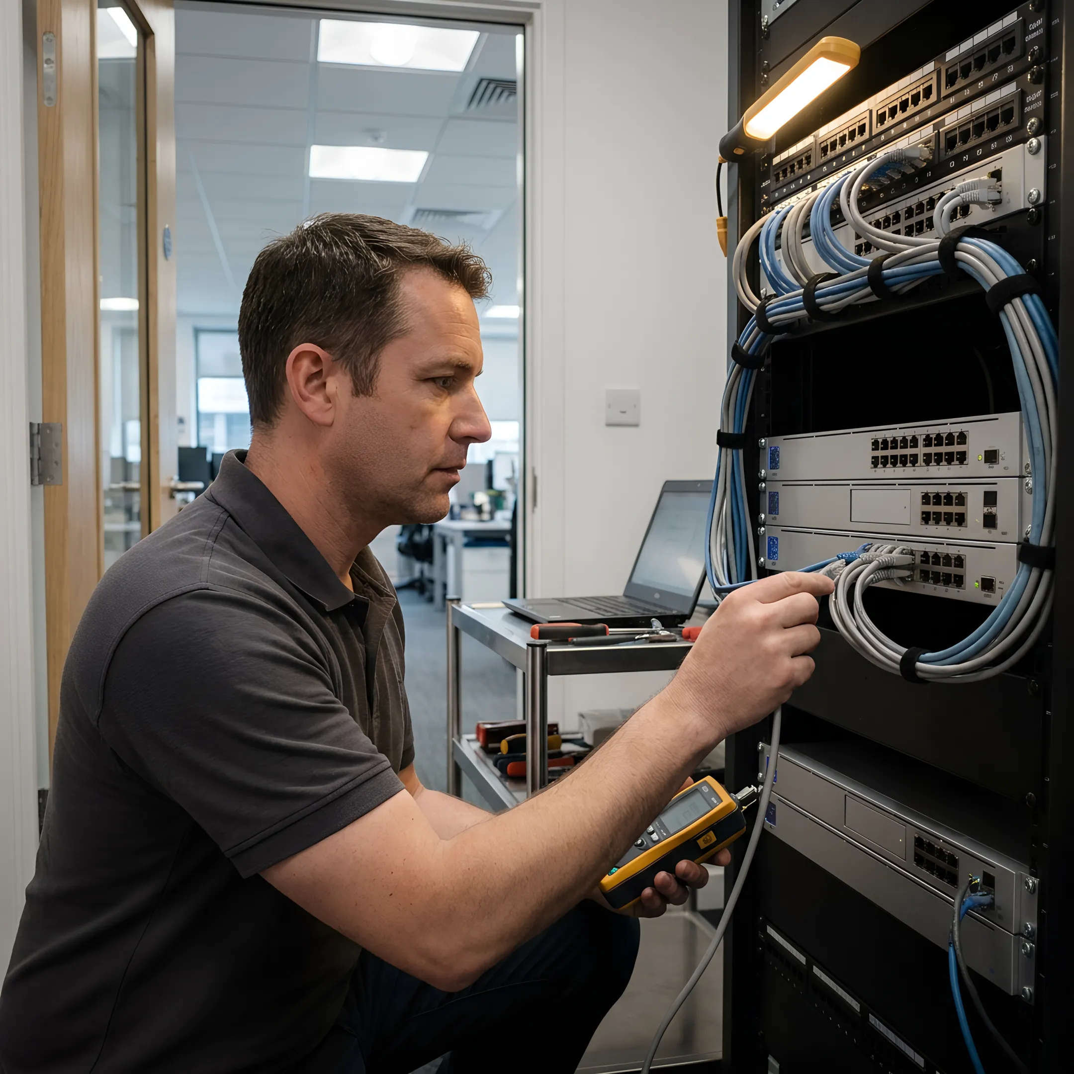Certified technician configuring network security switches in a modern commercial office