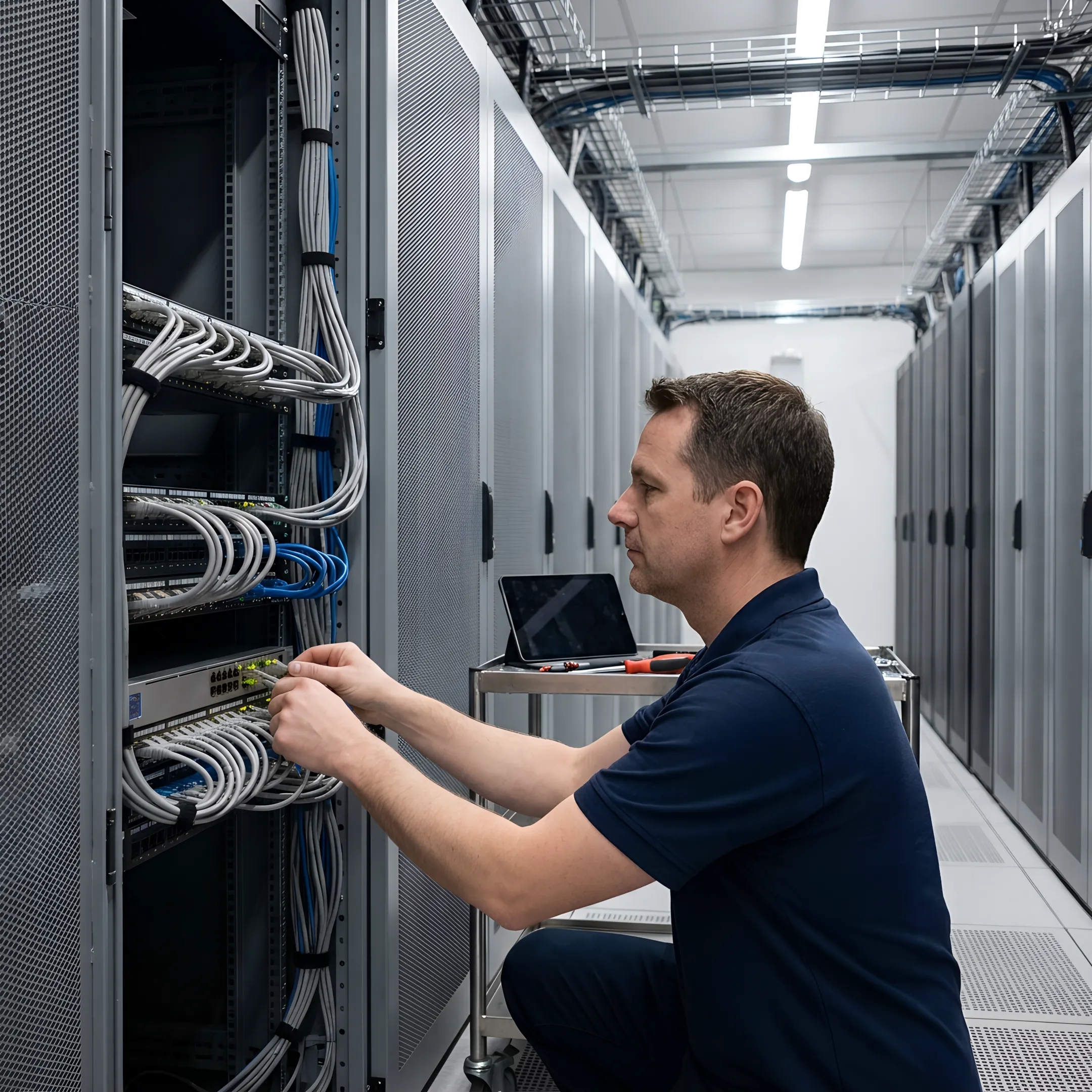 Network engineer configuring secure office server hardware