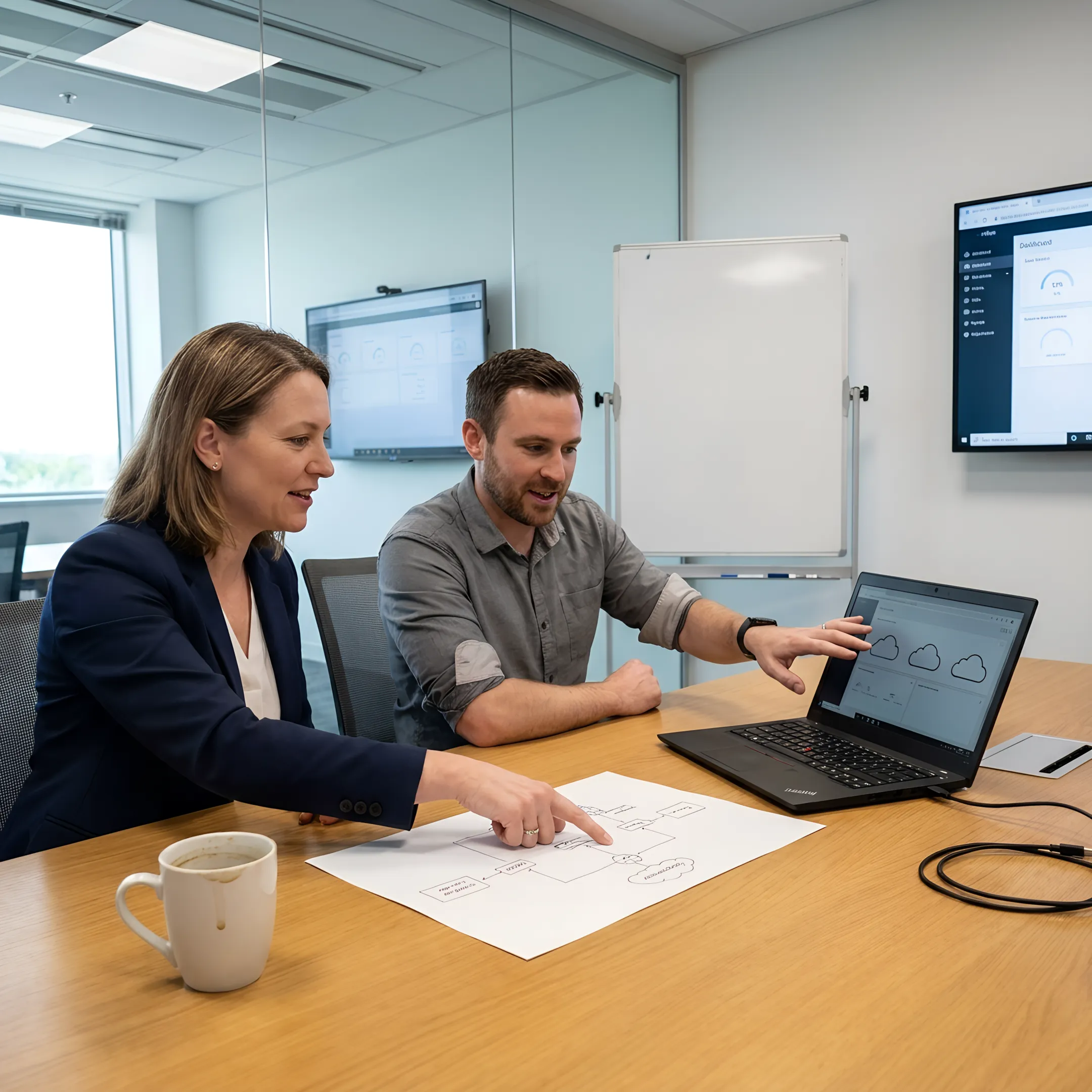IT consultants analyzing security metrics on monitors in an office setting