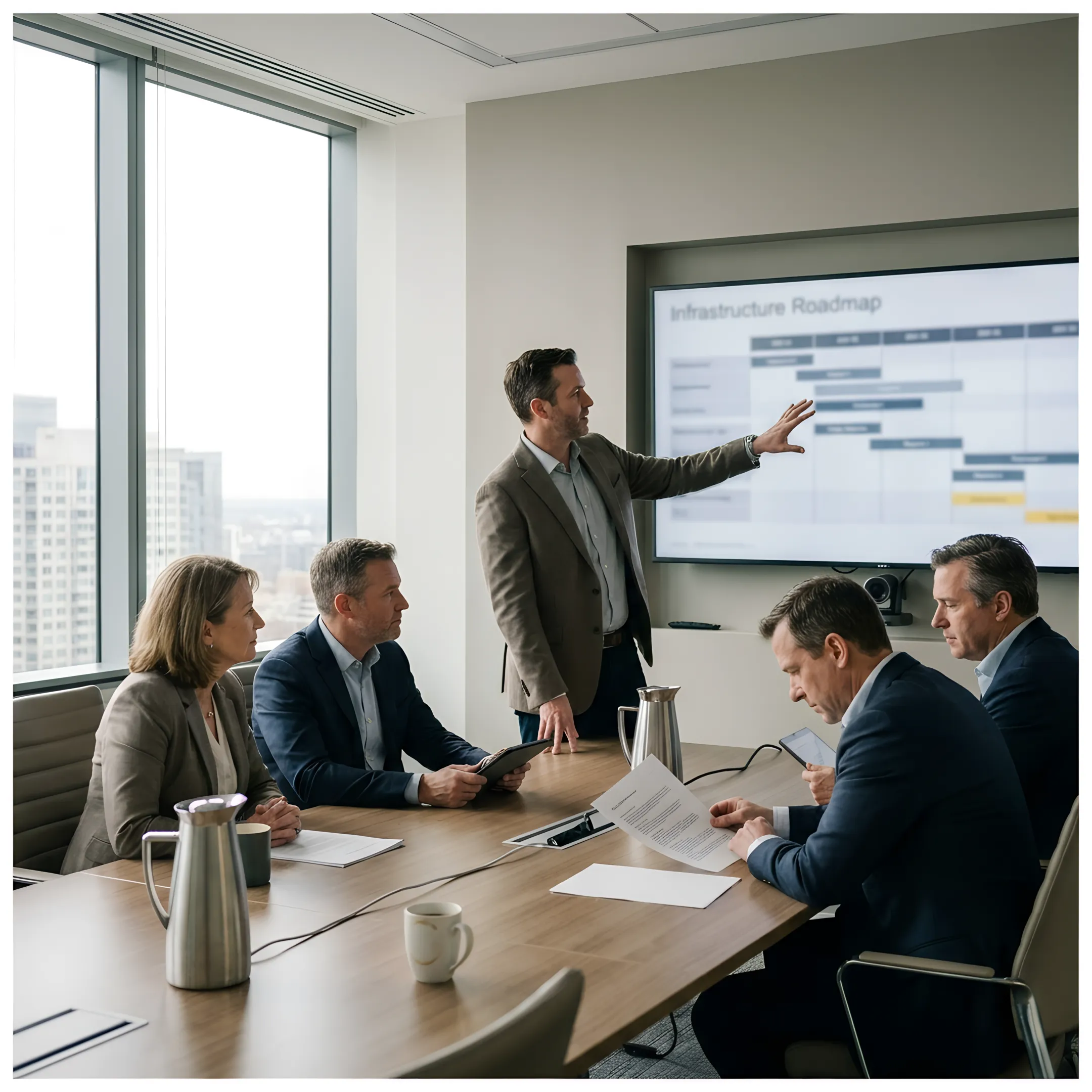 Senior IT consultant meeting with business executives around a conference table