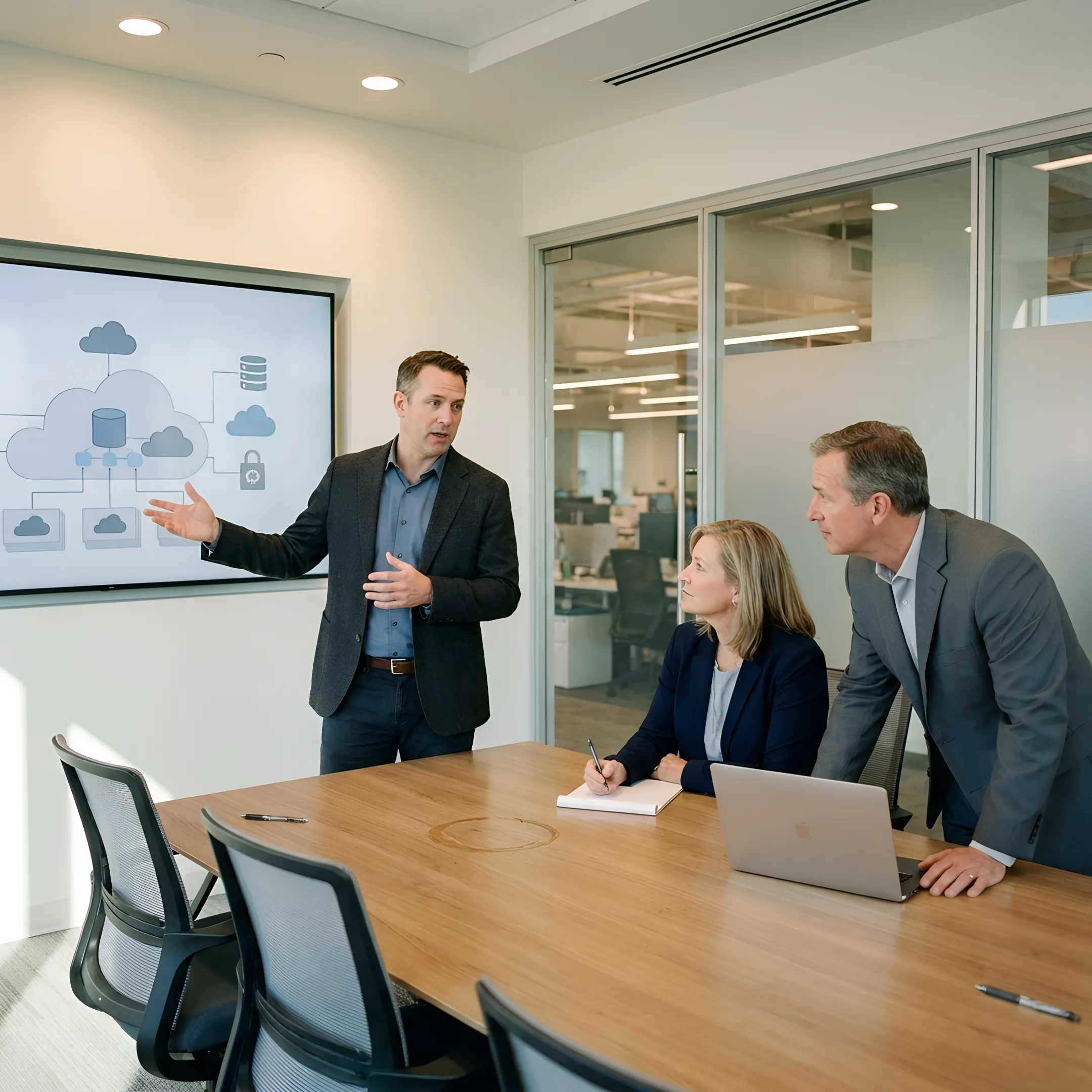 Technology consultant presenting an IT modernization roadmap to business leadership