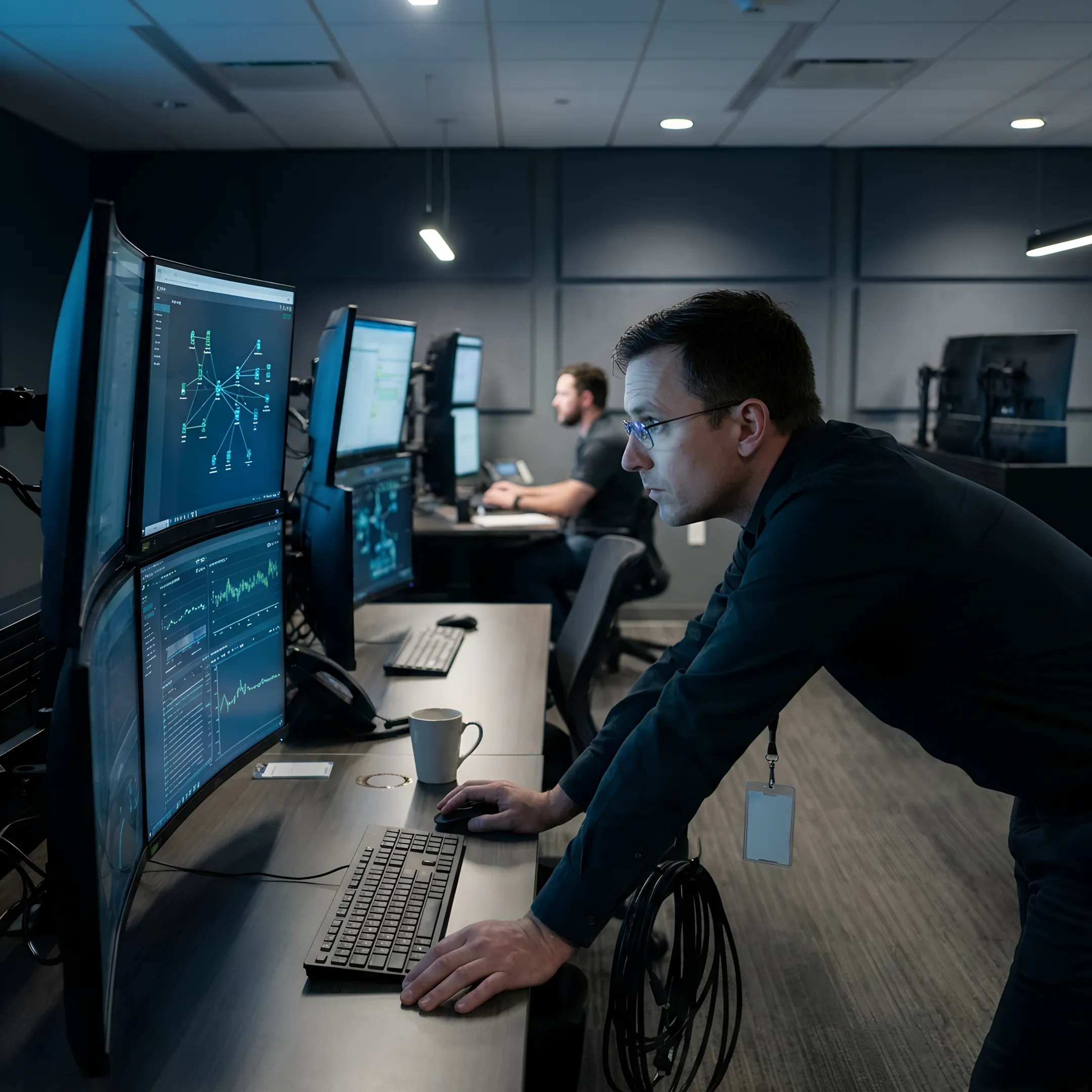 Network administrator managing cybersecurity protocols and IT operations