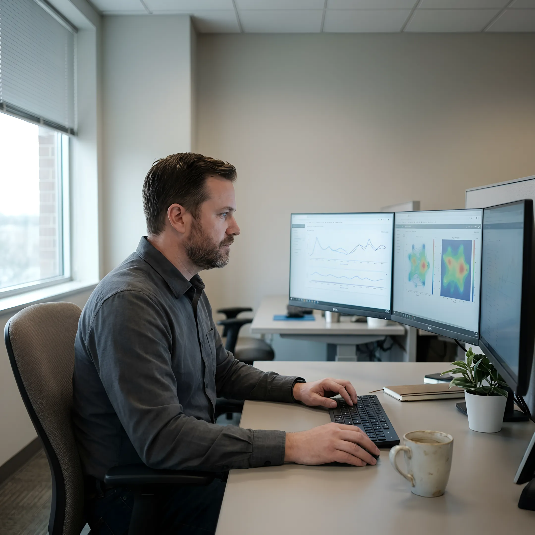 Network technician analyzing IT performance and security metrics on multiple computer displays