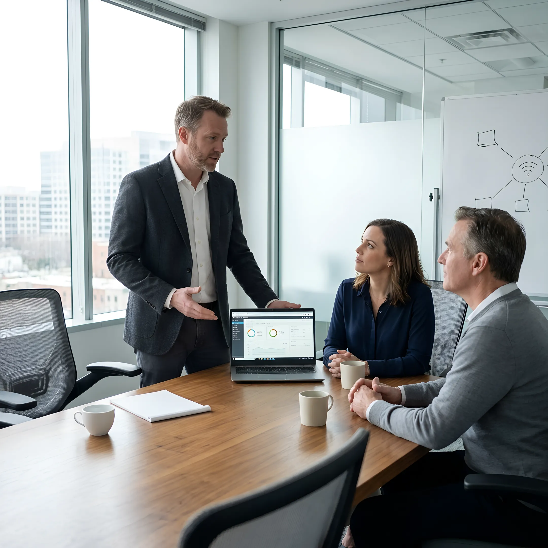 IT consultant reviewing infrastructure with business team