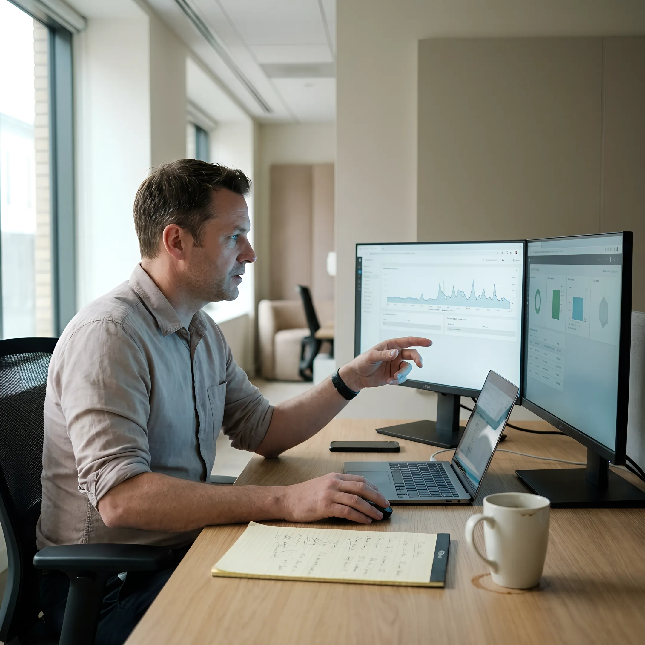 Technician reviewing managed IT systems for a business