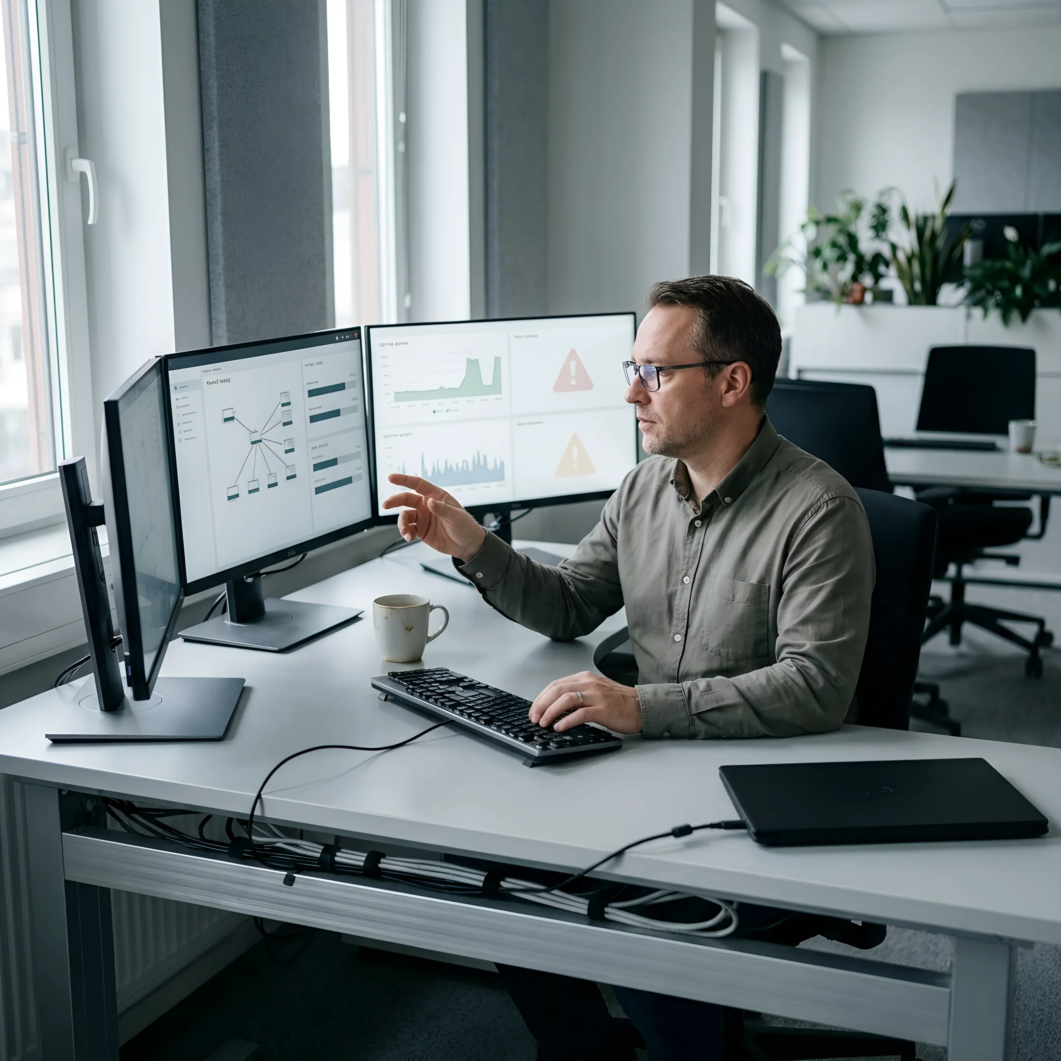Technician reviewing managed IT systems for a business