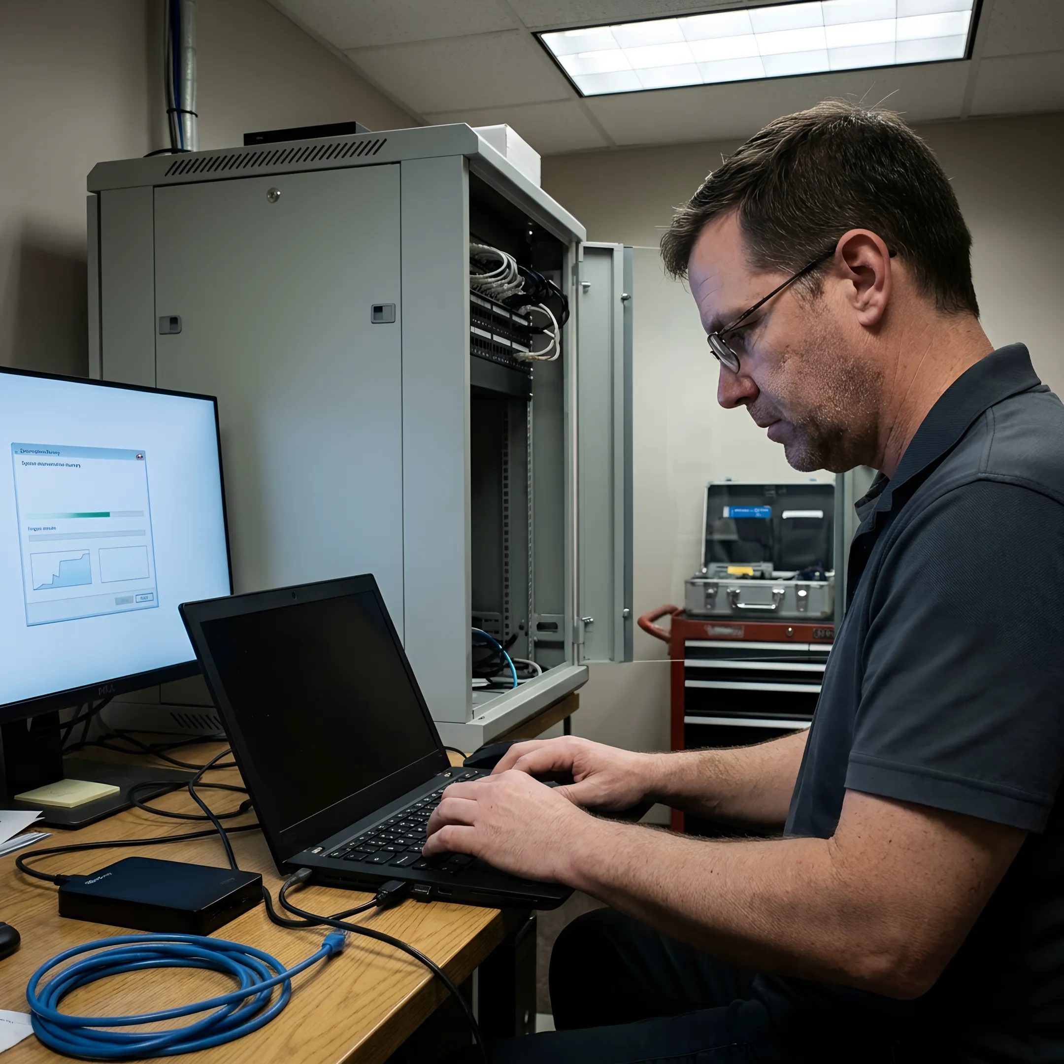 Technician restoring business systems after ransomware