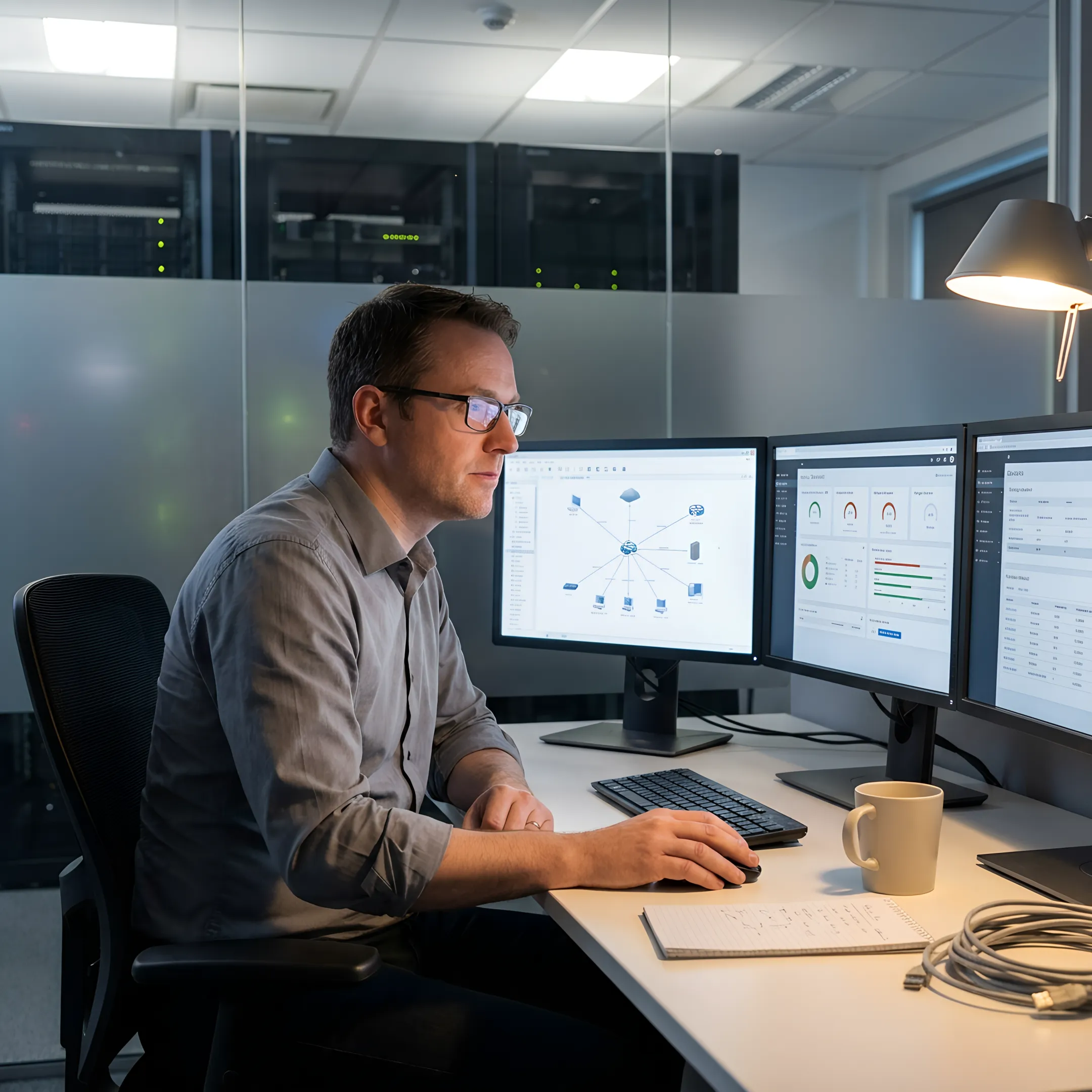 Engineer reviewing secure cloud infrastructure for compliance