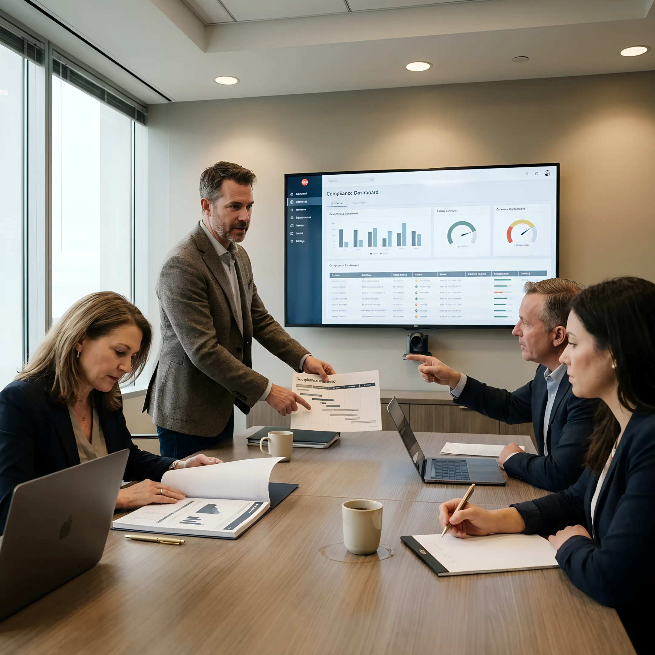 Consultant presenting cybersecurity compliance strategy