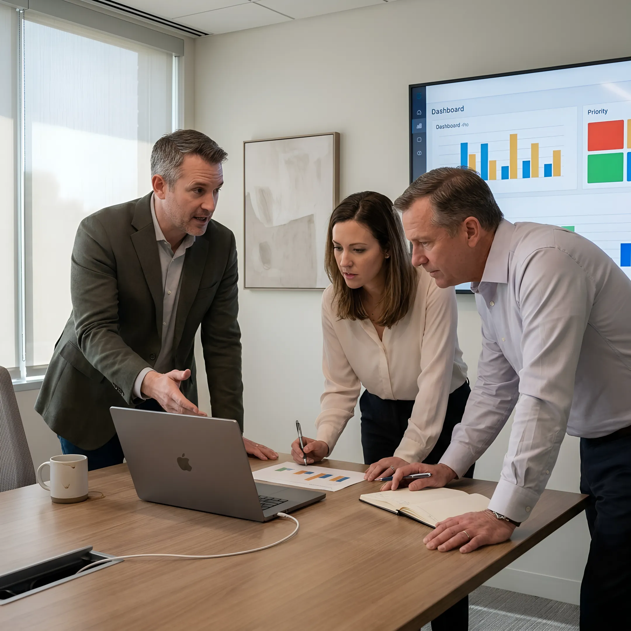 Consultant presenting cybersecurity audit findings to business team