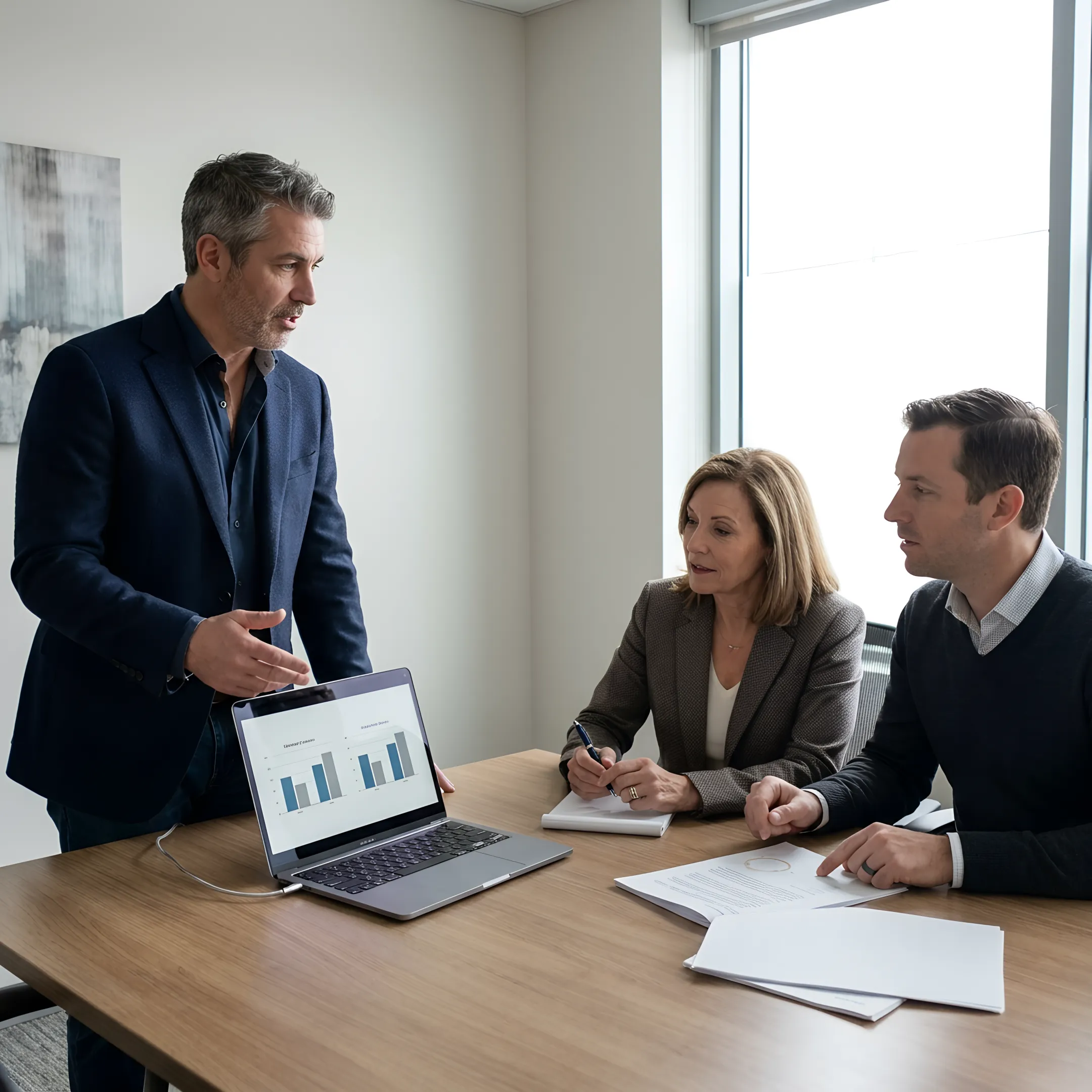 Consultant reviewing IT purchasing options with client