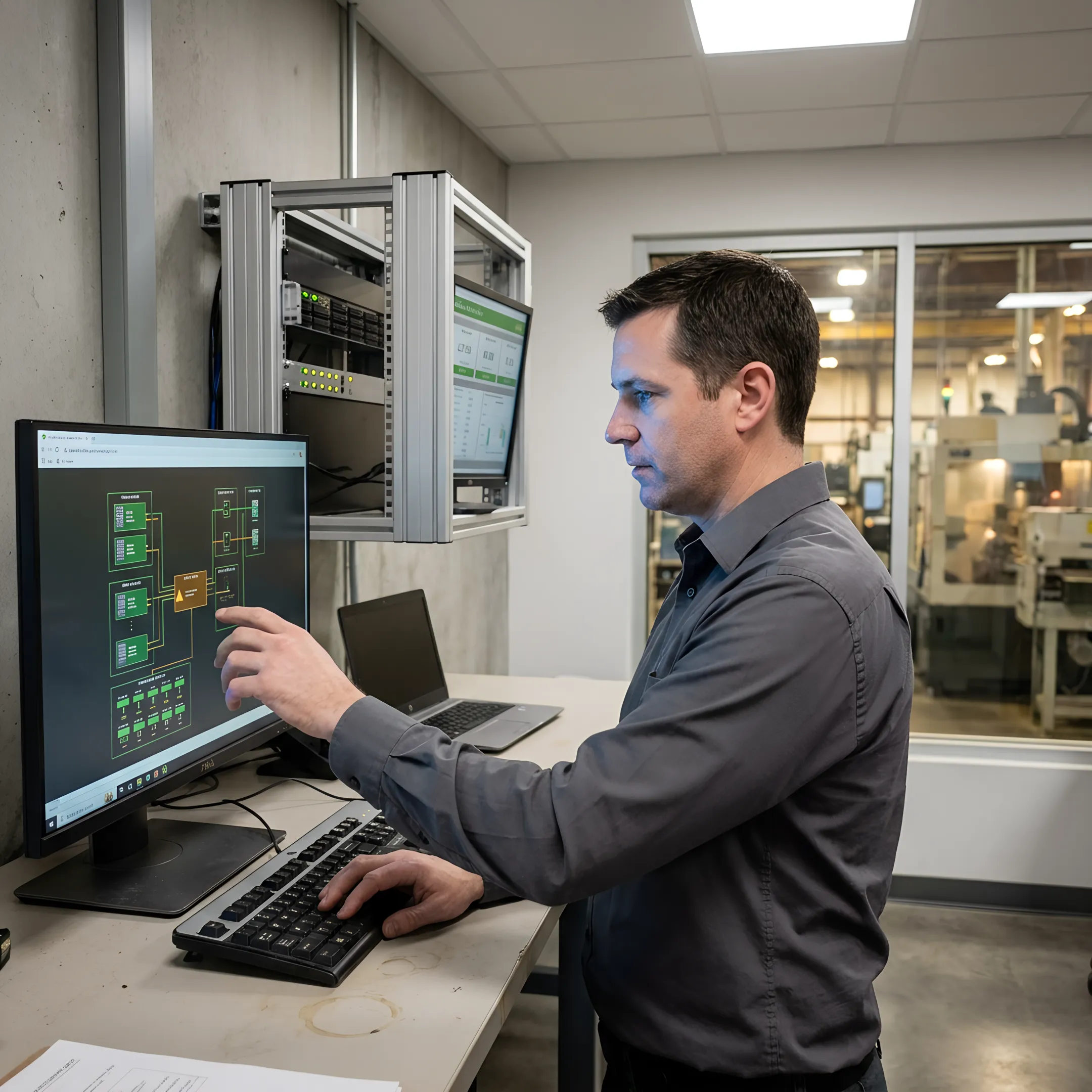 Technician reviewing manufacturing IT system health