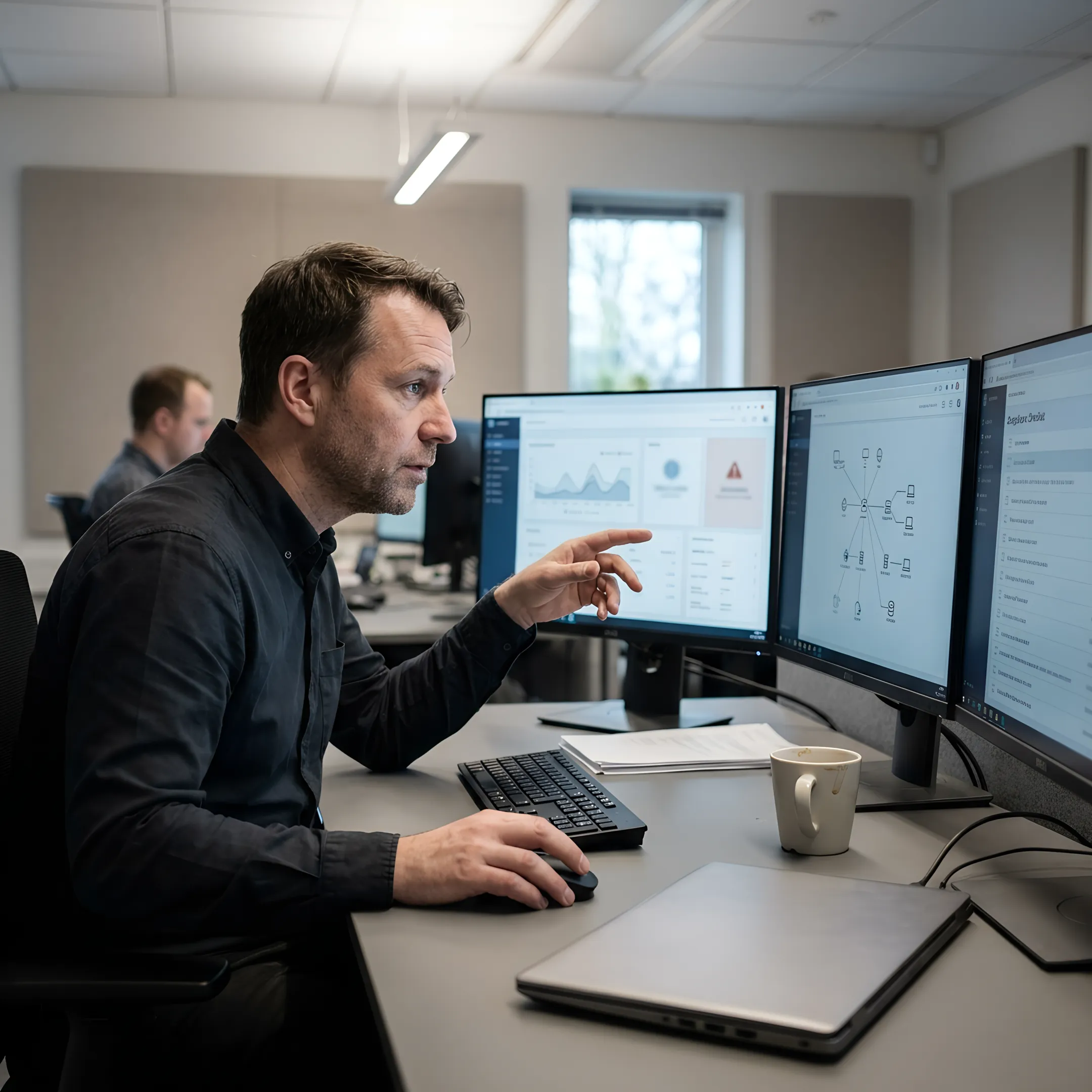 Cybersecurity specialist reviewing business network security