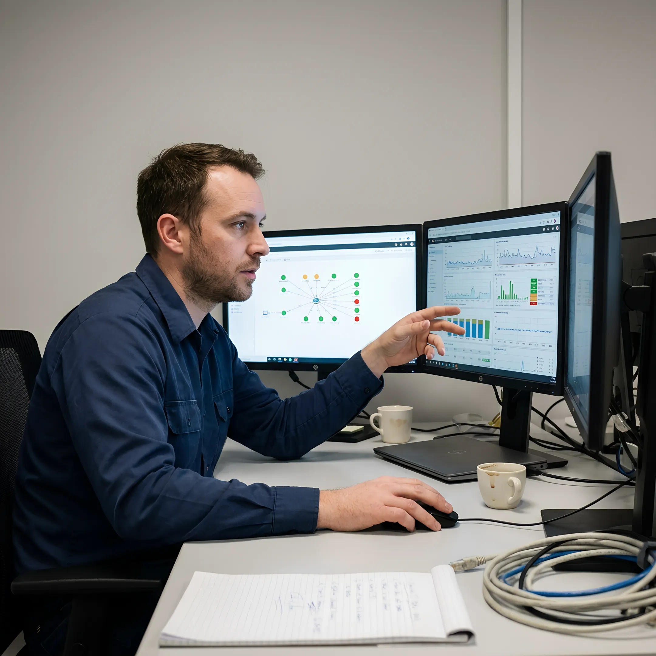 Technician reviewing IT monitoring alerts and system health