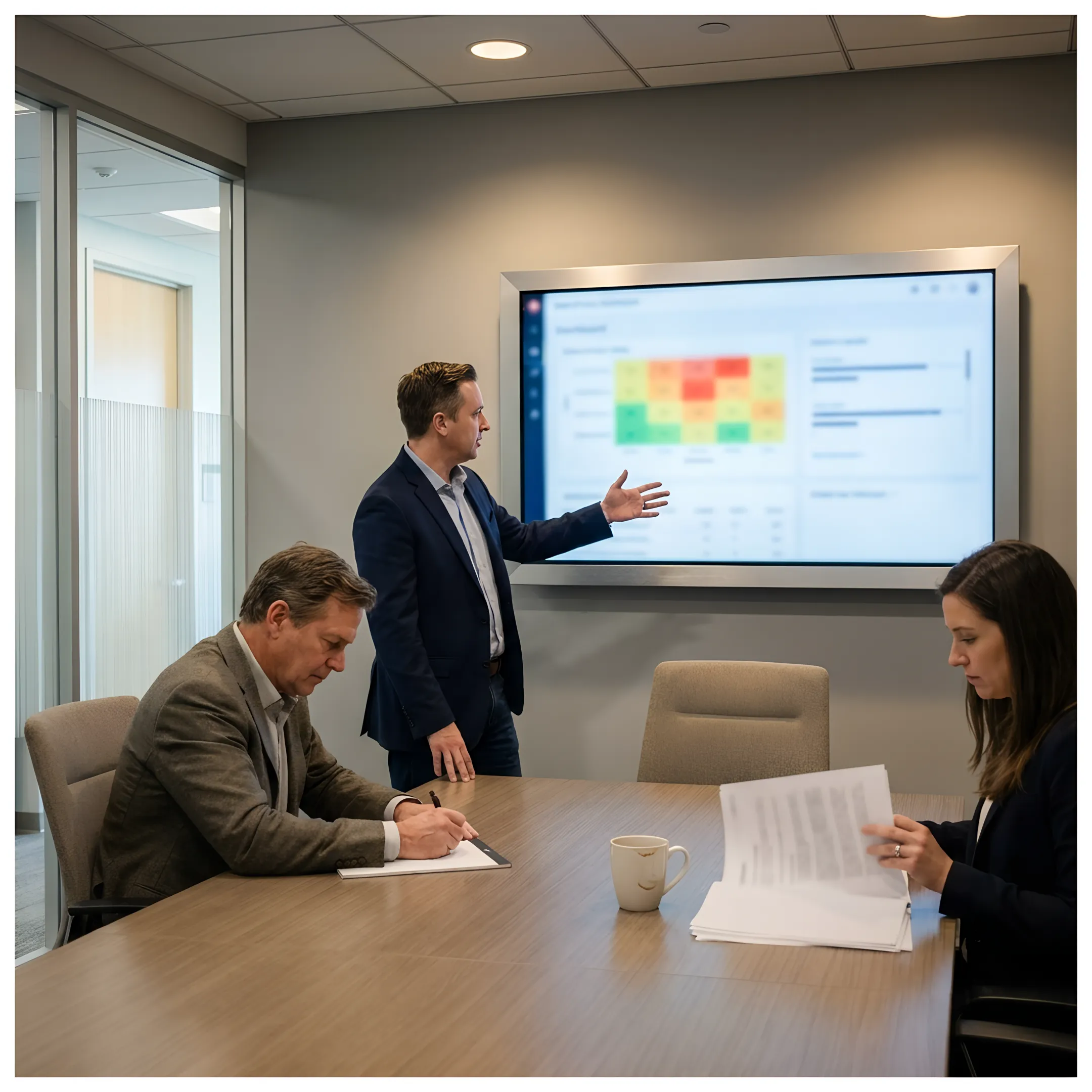 Consultant presenting cybersecurity strategy to business team