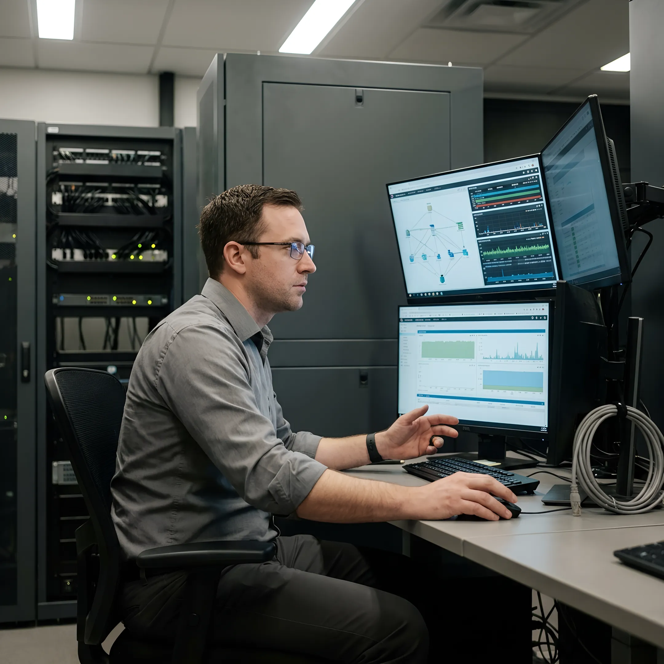 Technician reviewing secure network infrastructure