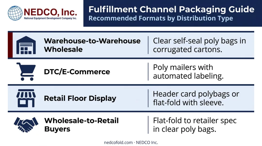 Fulfillment channel versus recommended t-shirt packaging format comparison table infographic
