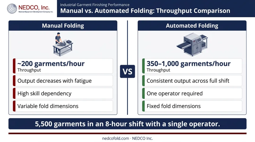 Manual versus automated t-shirt folding throughput comparison showing garments per hour