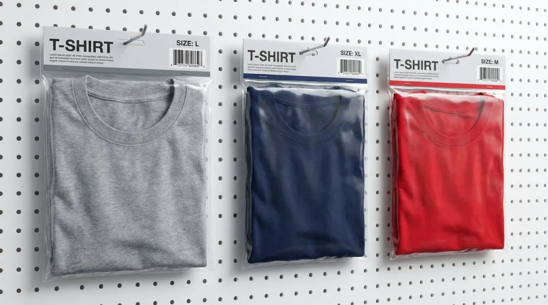 Retail header card polybag t-shirt packaging displayed on peg hook