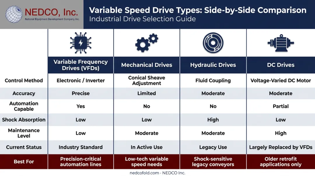 Four types of variable speed drives for belt conveyors comparison infographic