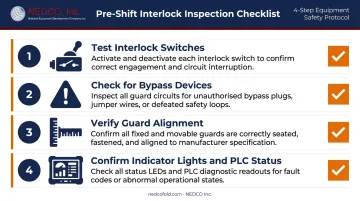 4-step pre-shift conveyor interlock inspection checklist process flow infographic