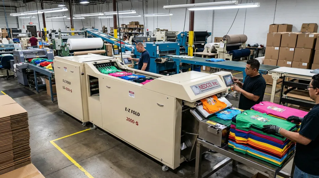 NEDCO E-Z Fold 2000 automatic t-shirt folding machine in production facility