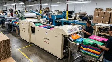 NEDCO E-Z Fold 2000 automatic t-shirt folding machine in production facility