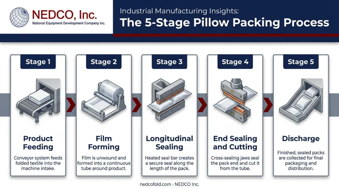 5-step pillow packing machine process flow from feeding to discharge