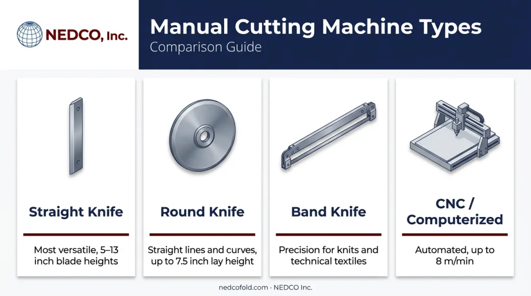 Four manual garment cutting machine types comparison infographic with blade styles