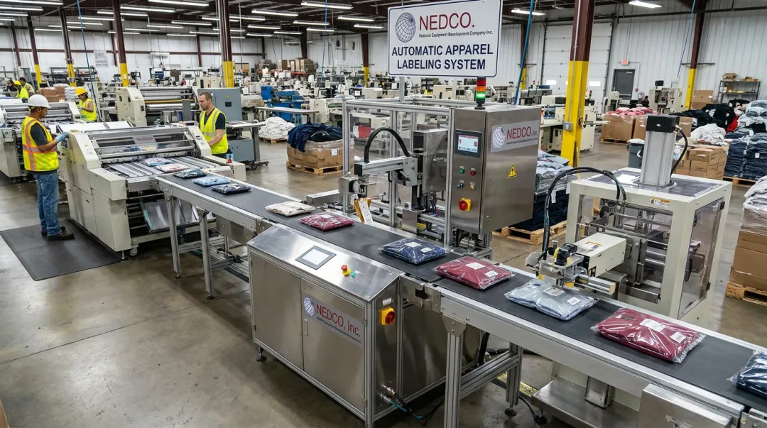 Automatic apparel labeling system applying barcodes and hang tags on production line