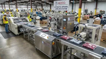 Automatic apparel labeling system applying barcodes and hang tags on production line