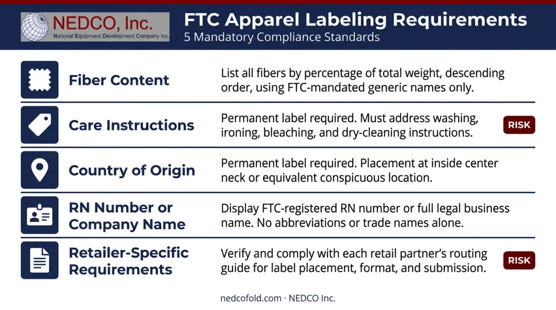 US FTC apparel labeling compliance requirements fiber content care origin and RN number