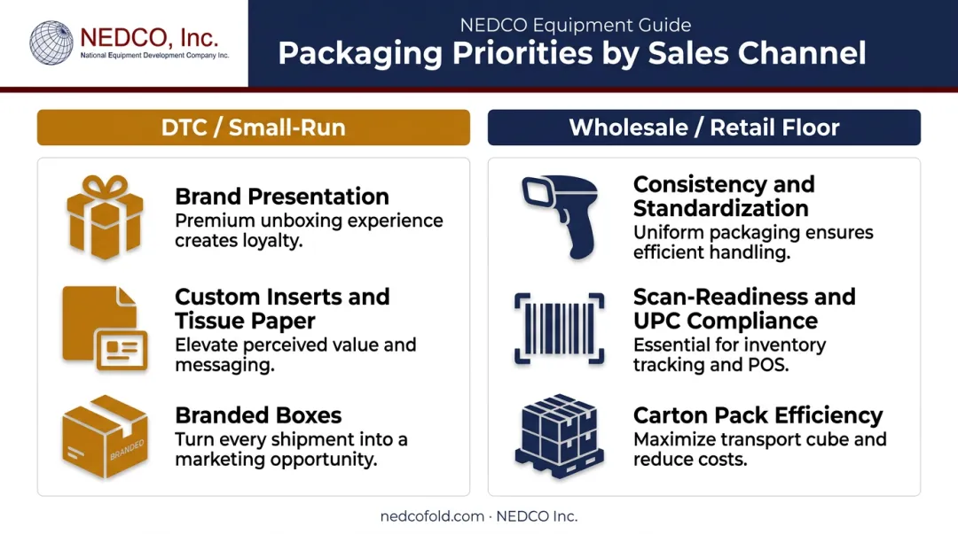 DTC versus wholesale apparel packaging requirements side-by-side channel comparison infographic