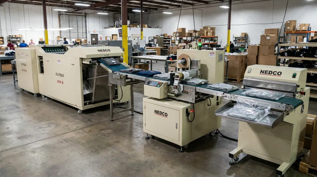 NEDCO inline fold-label-bag-seal finishing line with conveyor integration
