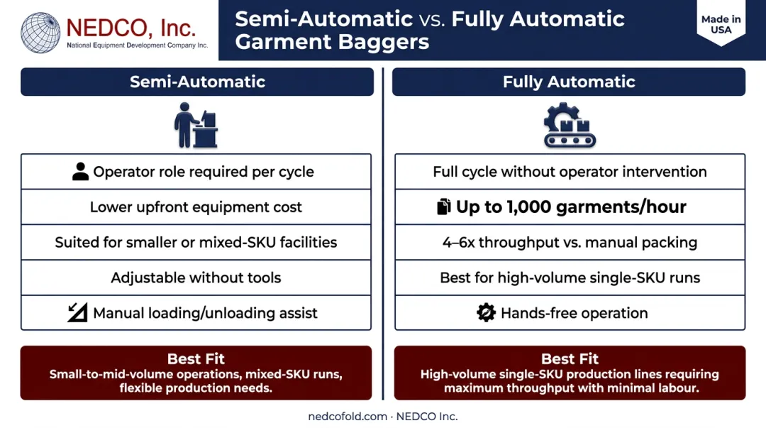 Semi-automatic versus fully automatic bagger throughput and operator role comparison