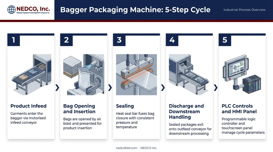 5-step garment bagger packaging machine cycle process flow diagram