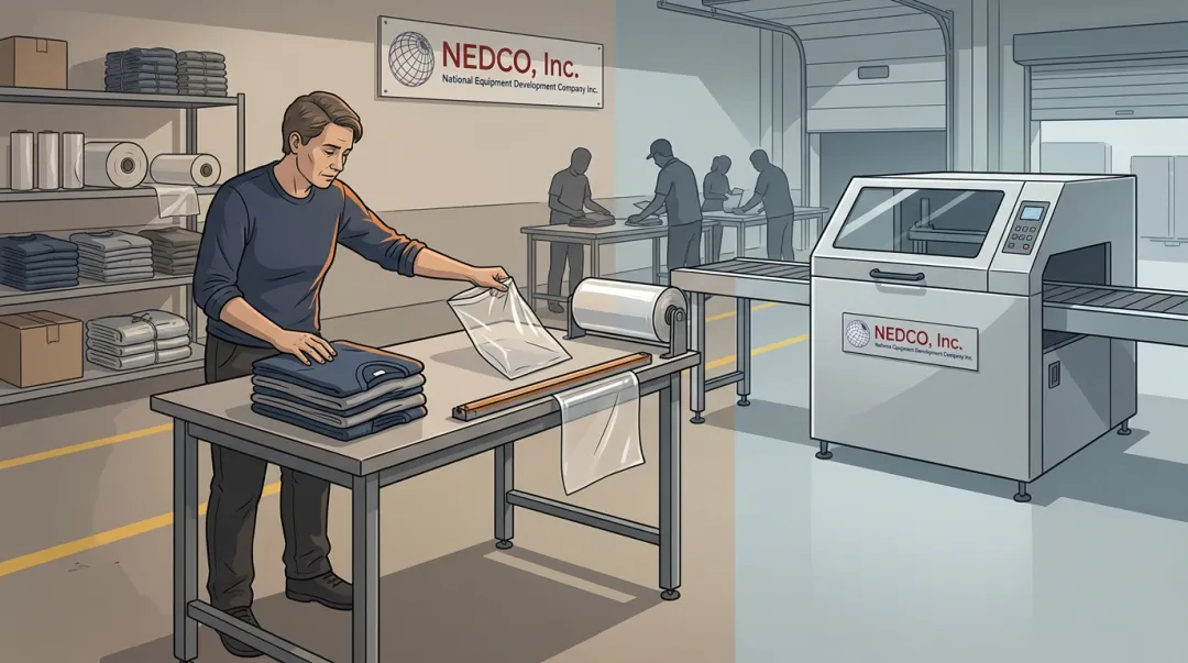 Apparel packaging operator performing repetitive manual bagging task on production floor
