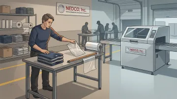 Apparel packaging operator performing repetitive manual bagging task on production floor