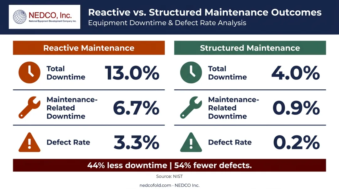 Reactive versus structured maintenance downtime and defect rate comparison infographic