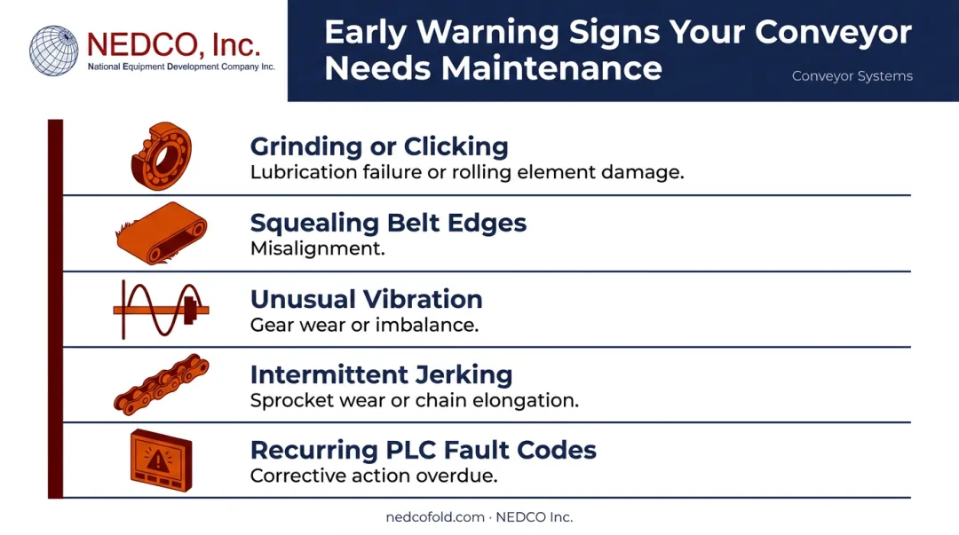 Five early conveyor failure warning signs checklist infographic for packaging plants