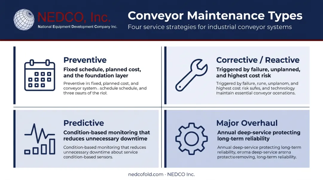 Four conveyor maintenance types overview from preventive to major overhaul infographic