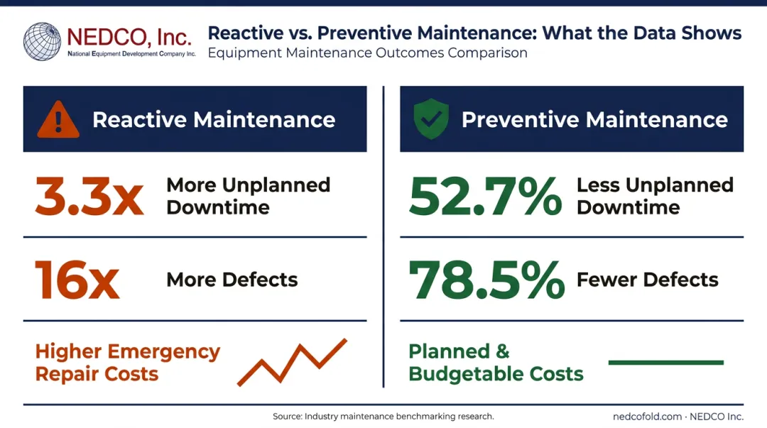 Reactive versus preventive maintenance downtime and defect rate comparison infographic